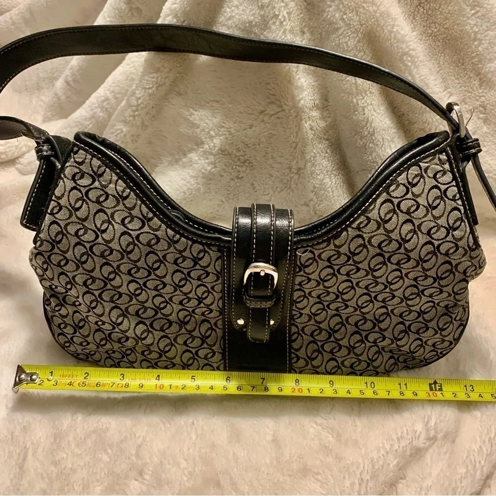 Shoulder Bag Like New Grey Canvas Black Vegan Leather Trim Circular Silver - Picture 14 of 16